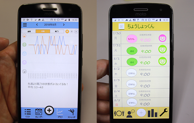 左）肩こり改善アプリの改善グラフ、右）朝食欠食改善アプリの記録画面