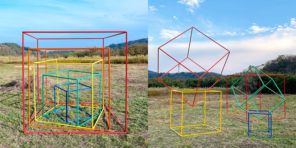 「Playable cubes」サイズ:1800×1800×1800mm 1500×1500×1500mm 1200×1200×1200mm 900×900×900mm 600×600×600mm 組作品、 素材:鋼管 ウレタン塗装、作品説明:野外で遊べる身体スケールの知育遊具です。並べたり積み上げたり、変化をつけて見え方の違い、空間の変化をみつけることができます