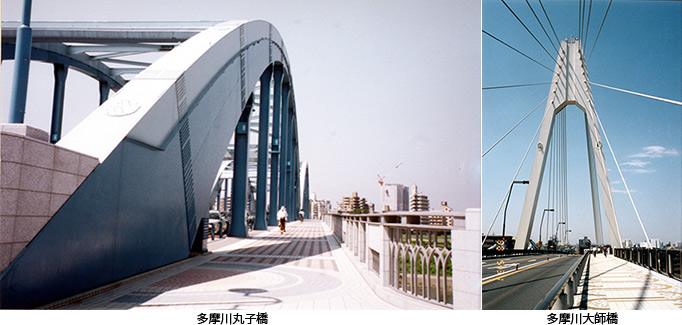 多摩川丸子橋（左）多摩川大師橋（右）