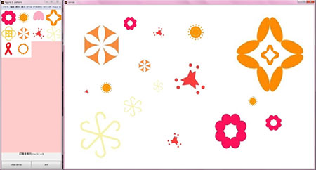 「図柄パターン検索システム」音声入力で左側に候補が表示され、選んで右のキャンバスに配置します。